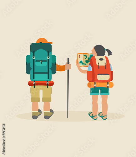 Vector vintage poster with couple of backpackers