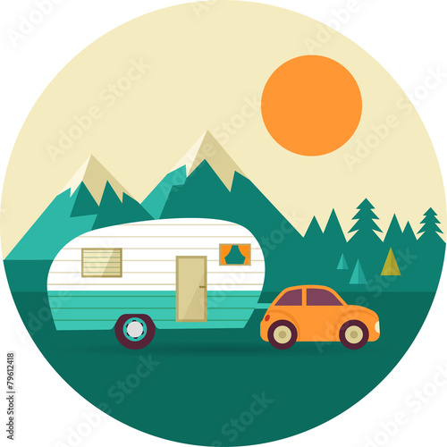 Vector vintage background with nature, forest, hills and camper