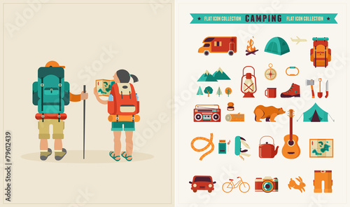 Vector vintage poster with couple of backpackers and set of