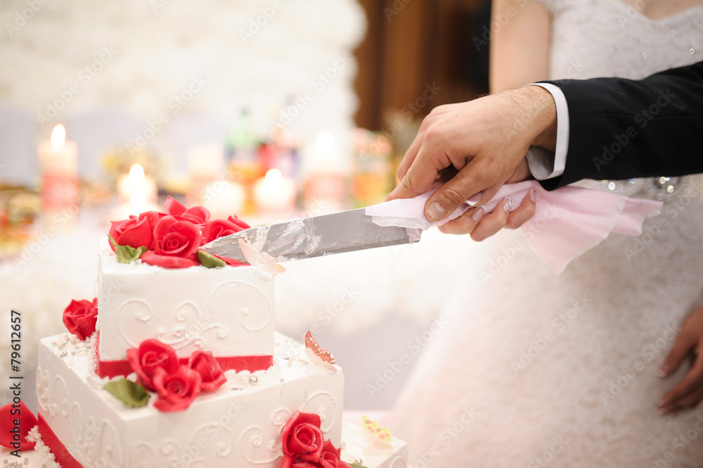 bride and groom are Slicing the wedding cake on reception bride and groom are Slicing the wedding cake on reception