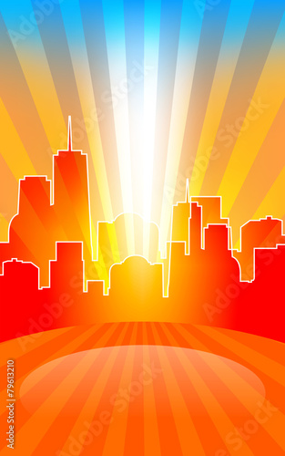 Modern cityscape on retro sunburst pattern with stage and spot o