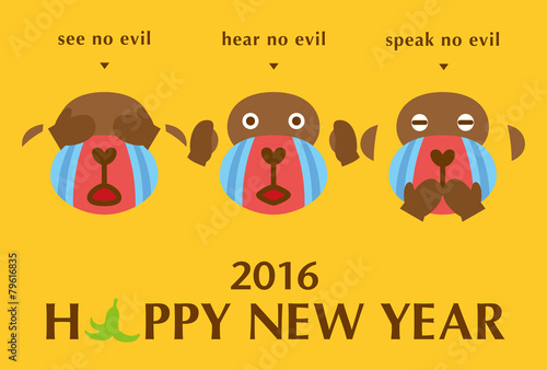 年賀状2016　三猿　happy new year