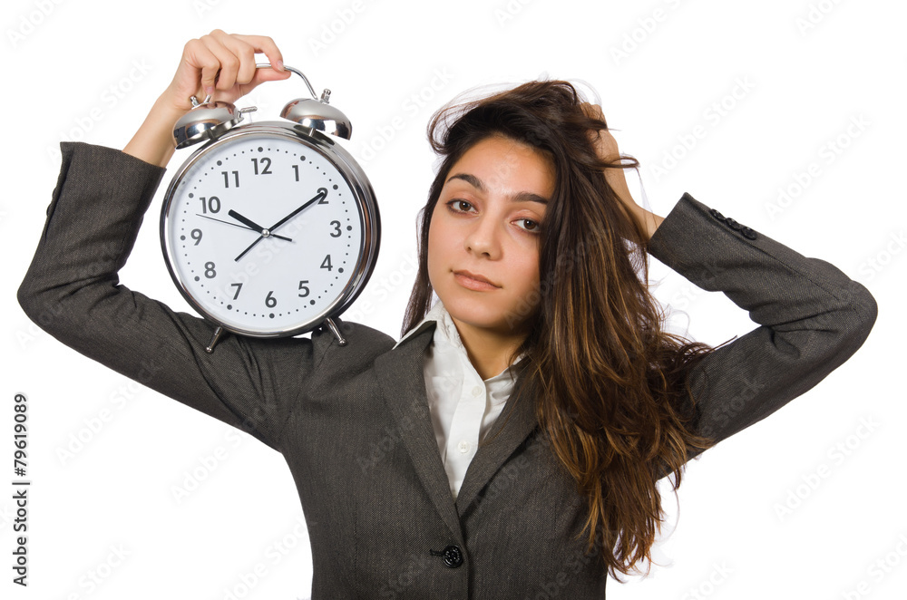 Businesswoman with clock missing her deadlines Businesswoman with clock missing her deadlines