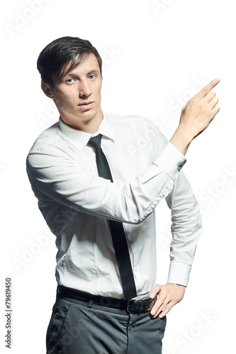 Young businessman shows something