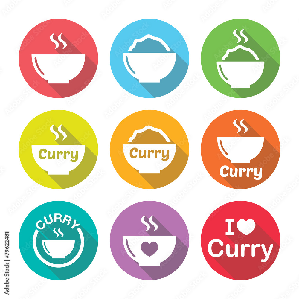 Curry, Indian spicy food icons set