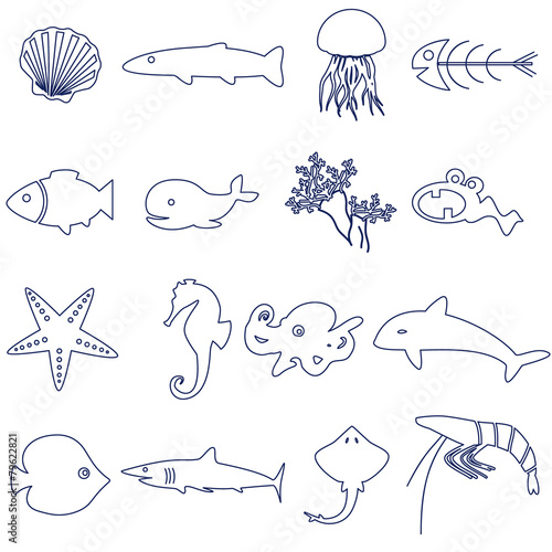 fish and sea life outline icons set eps10
