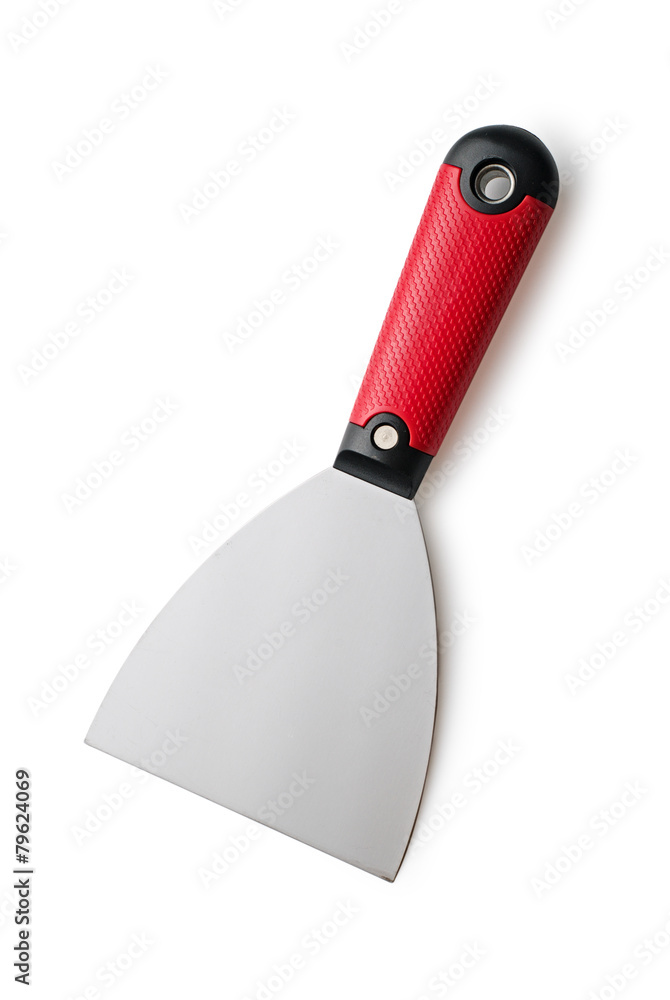 Metal spatula with a red handle on a white background Metal spatula with a red handle on a white background