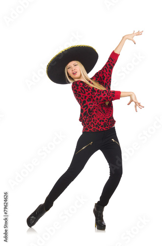 Funny mexican woman wearing sombrero isolated on white