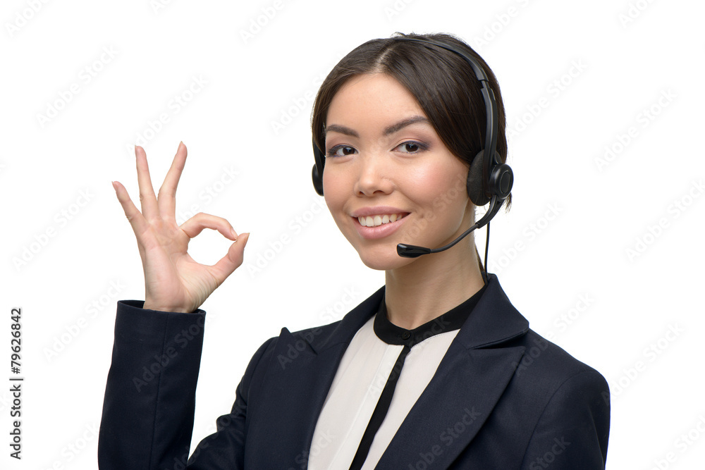 Asian call center female operator showing ok sign Asian call center female operator showing ok sign