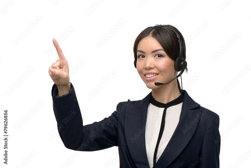 Asian call center female operator pointing at something Asian call center female operator pointing at something
