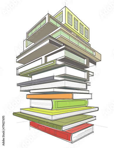 colored illustration with stack of books-buildings