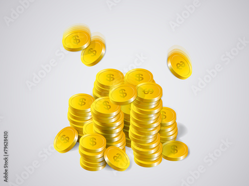 Money falling. Stacks of Gold Coins falling, success, isolated