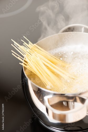 Pan with spaghetti close up