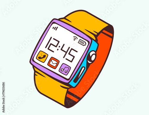 Vector illustration of red smart watch with button on white back
