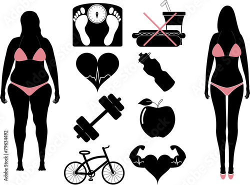 Black White Fitness icons and Girl Before and After Weight Loss