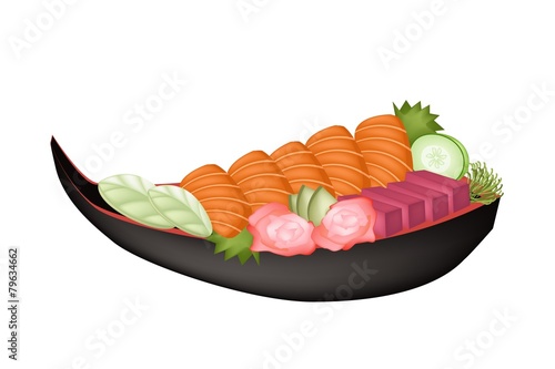Salmon Sashimi and Tuna Sasimi on Wooden Boat
