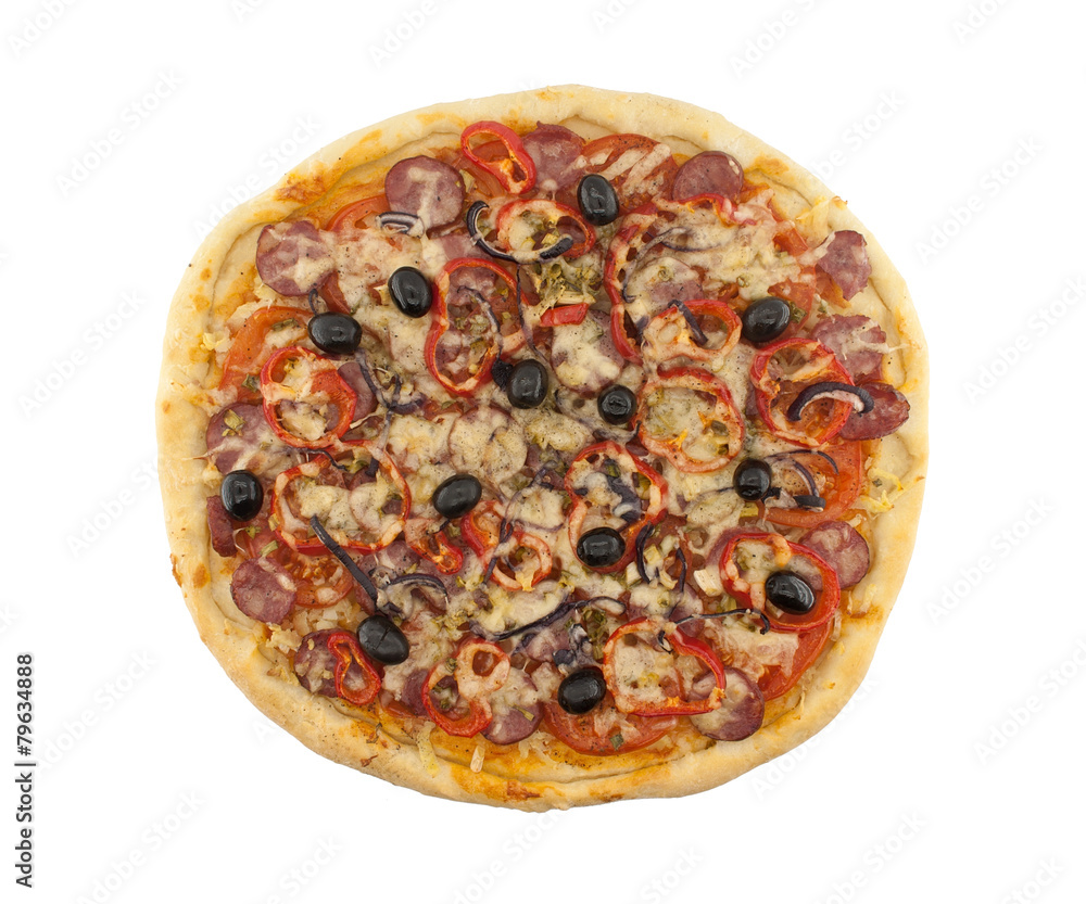 Italian pizza isolated on white background. Top view Italian pizza isolated on white background. Top view