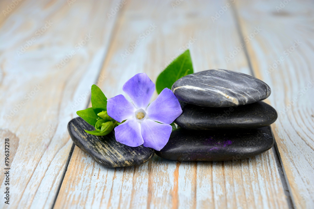 Black zen stones with purple flower on old wood Black zen stones with purple flower on old wood