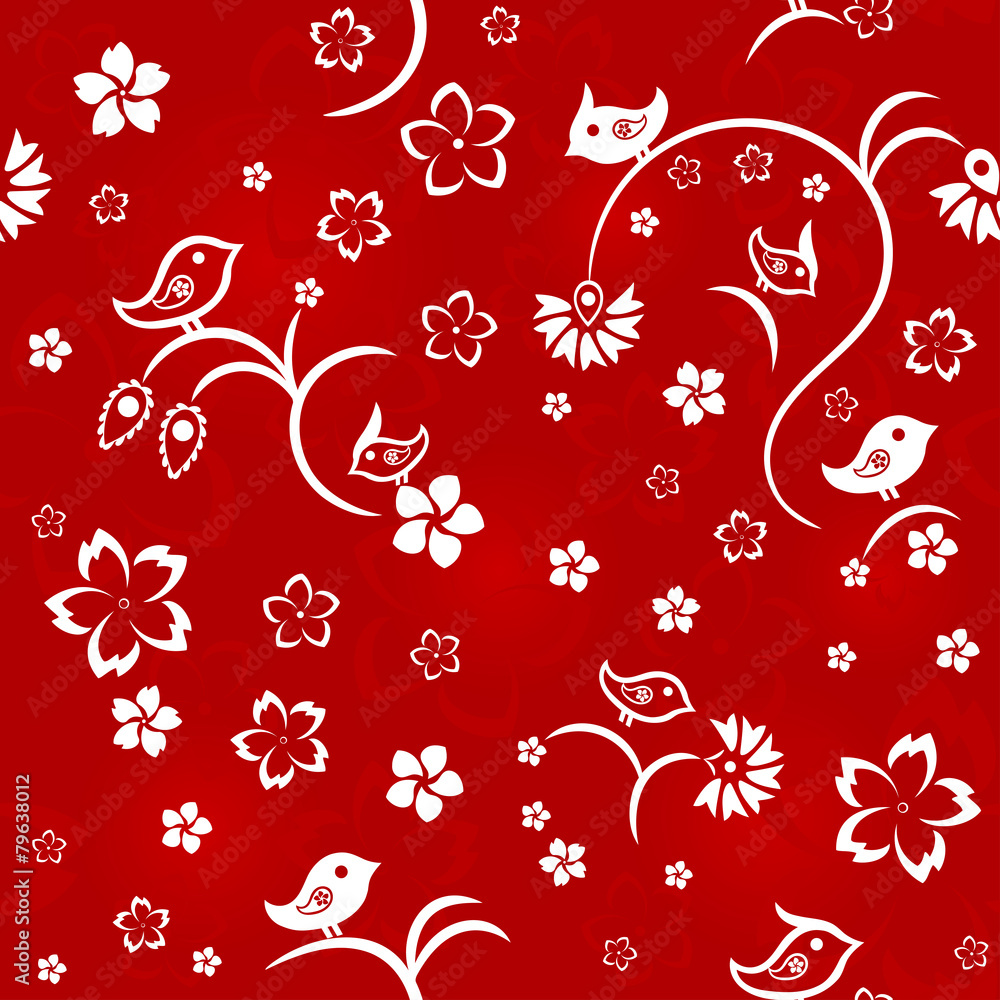 Fototapeta premium Seamless floral pattern with birds, white on red background