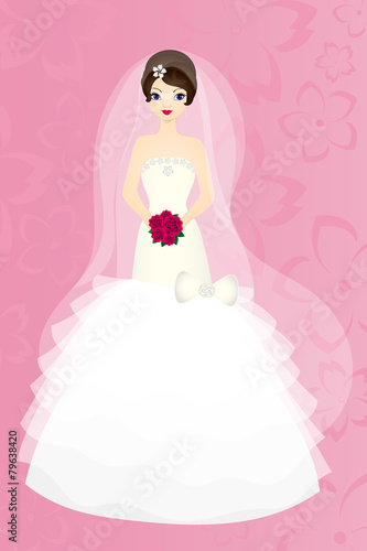 Bride brunette on pink background, vector card for wedding