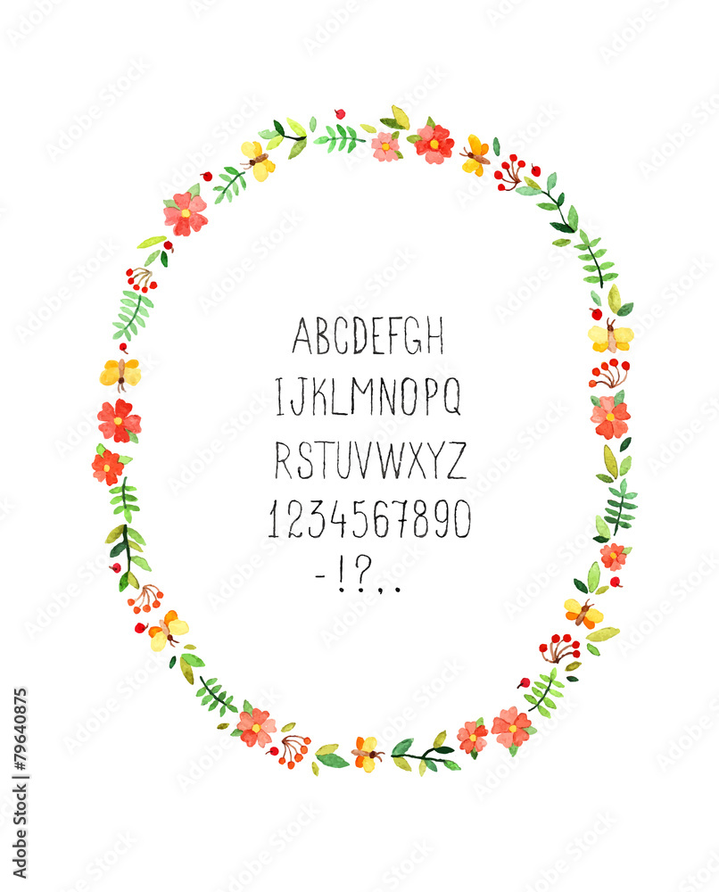 Watercolor floral frame with alphabet. Vector illustration