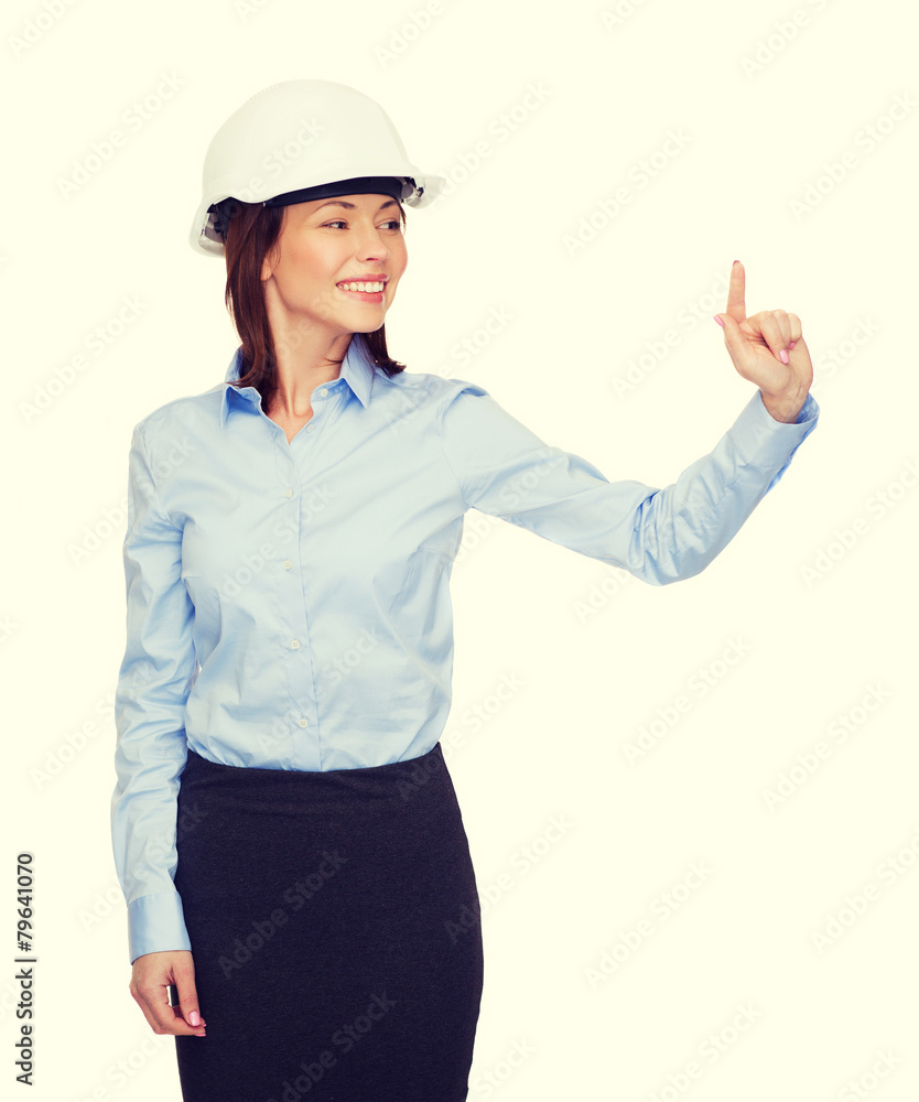 young smiling businesswoman in white helmet