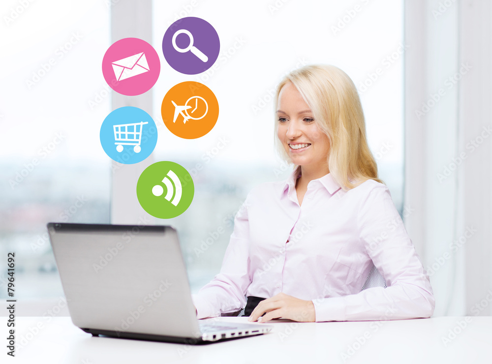 smiling businesswoman or student with laptop smiling businesswoman or student with laptop
