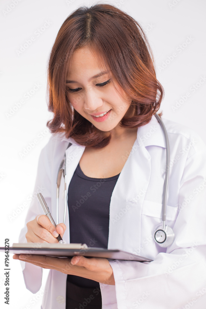 Asian medicine doctor woman, closeup portrait on white backgroun Asian medicine doctor woman, closeup portrait on white backgroun