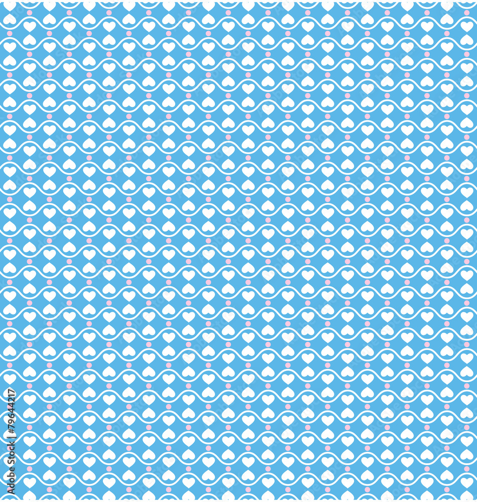 Seamless love pattern. White hearts and pink dots on blue backgr Seamless love pattern. White hearts and pink dots on blue backgr