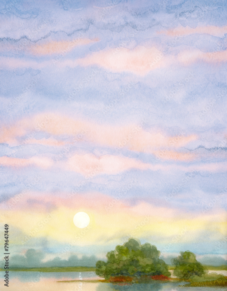 Obraz premium Watercolor landscape background. Sunrise over lake