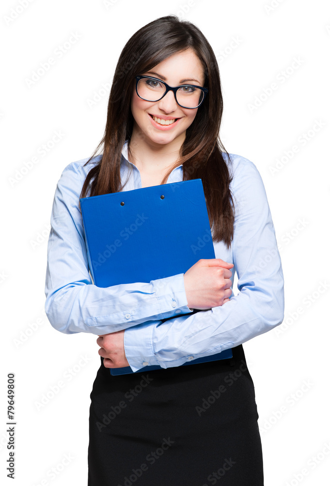 Friendly businesswoman holding a clipboard isolated Friendly businesswoman holding a clipboard isolated