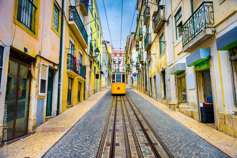 City street with yellow funicular, Lisbon, Portugal  - obrazy, fototapety, plakaty 