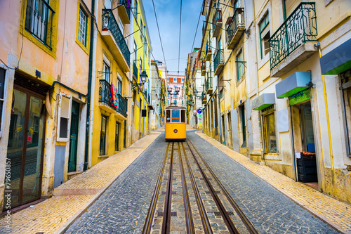 City street with yellow funicular, Lisbon, Portugal 