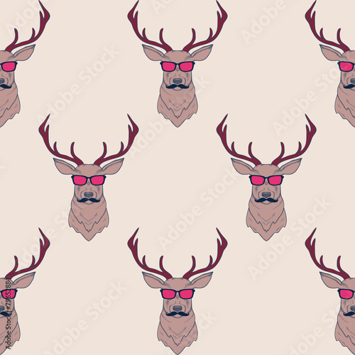 Vector seamless pattern with hipster deer wearing mustaches