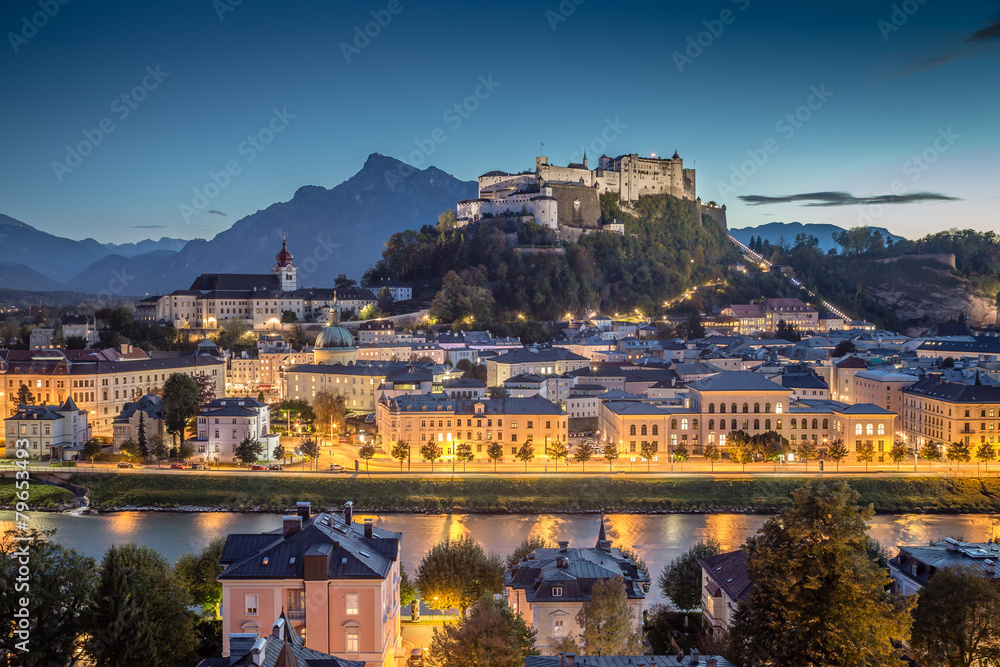 Historic city of Salzburg at dusk, Salzburg Land, Austria