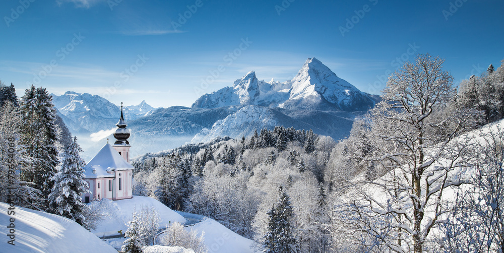 Winter landscape in the Alps with church