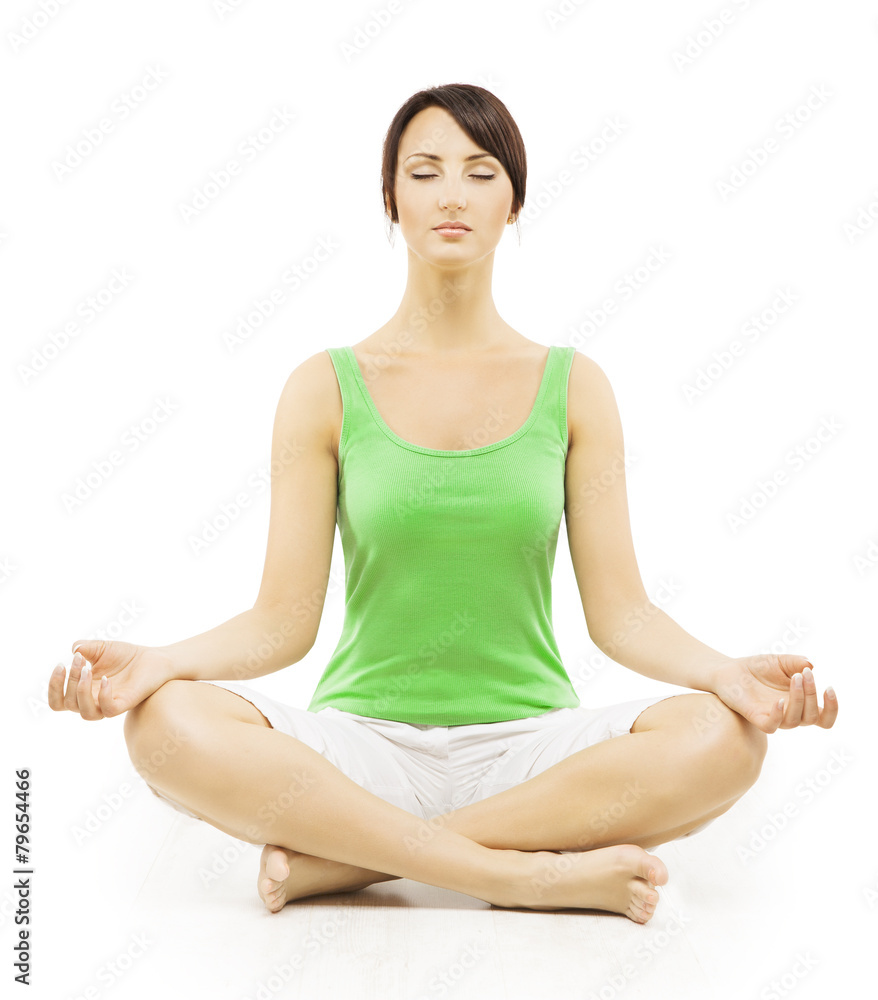 Yoga Girl Breathing in Lotus Pose with Her Hands on Her Stomach and Chest  on White Background. Stock Photo - Image of concentration, health: 197632532