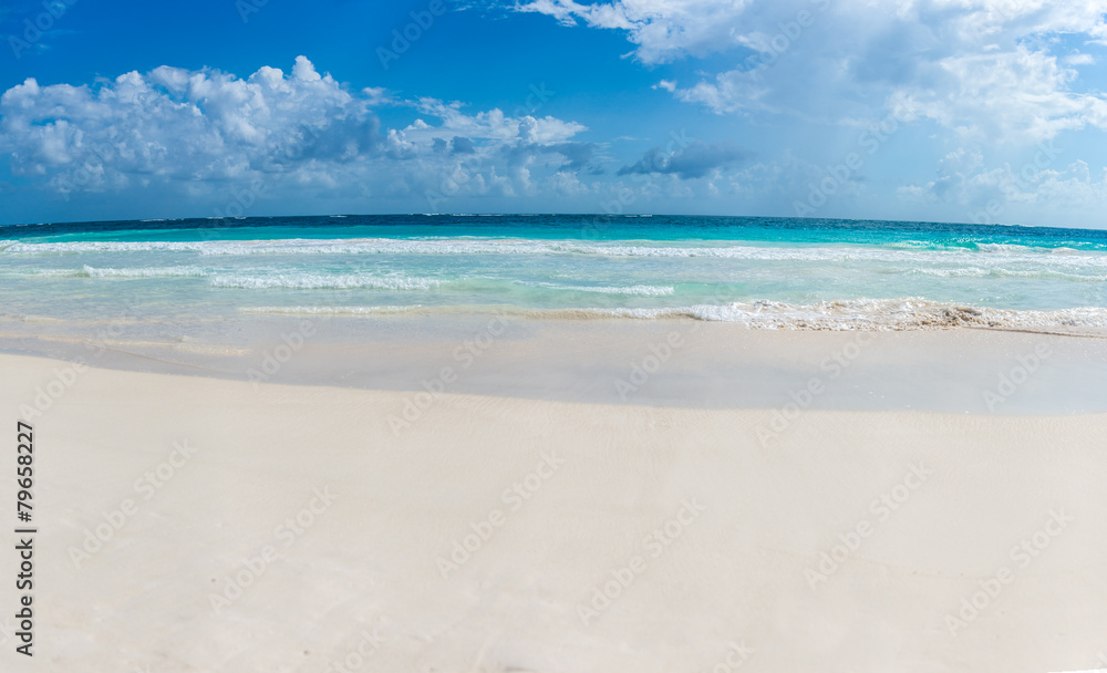 Panorama of Tulum beach view, caribbean paradise, at Quintana Ro