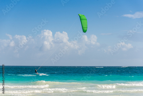 Kitesurf at Tulum, caribbean paradise. Traveling Mexico water sp