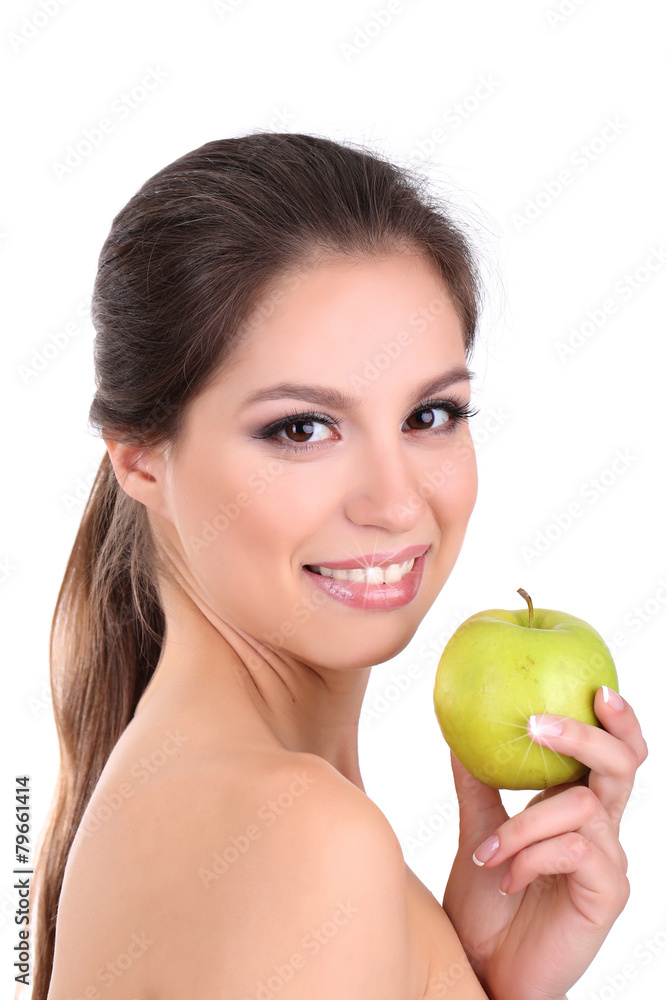 Smiling woman with apple isolated on white Smiling woman with apple isolated on white