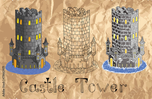 Set with medieval towers on old paper background