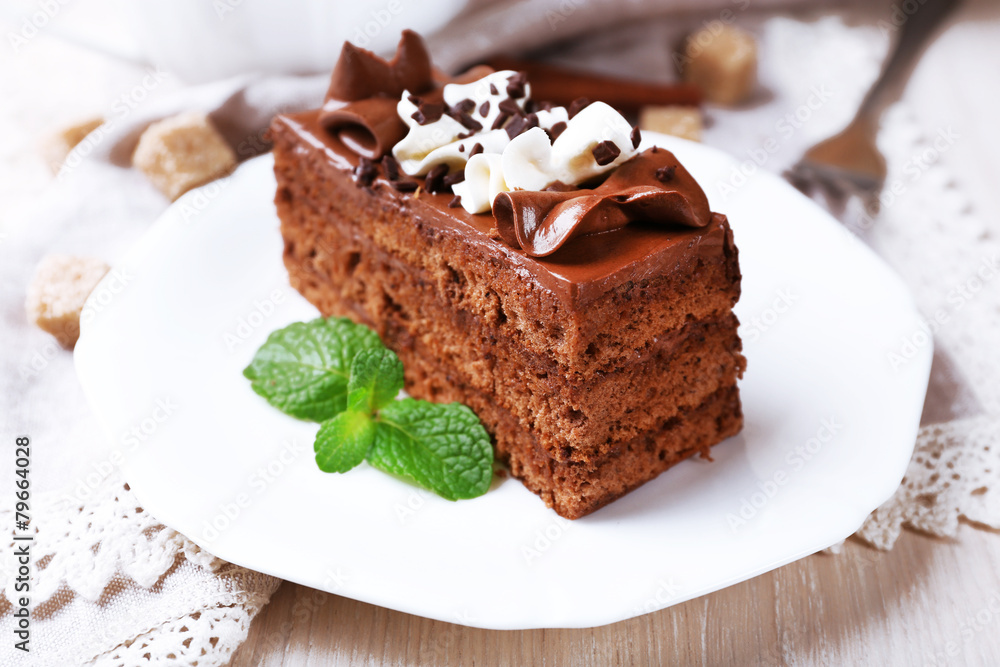 Tasty piece of chocolate cake on wooden table background Tasty piece of chocolate cake on wooden table background