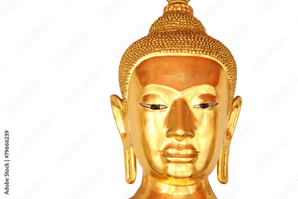 face closeup buddha statue isolated on white background