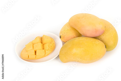 Fresh Mangoes and slice on white background
