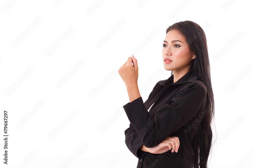 confident, smart, professional asian businesswoman looking up at confident, smart, professional asian businesswoman looking up at