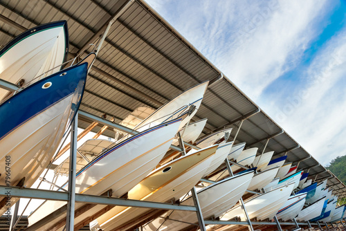 Power boats sheltered parking facility marina in Trinidad