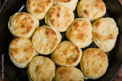 Fresh biscuits baked in a cast iron skillet