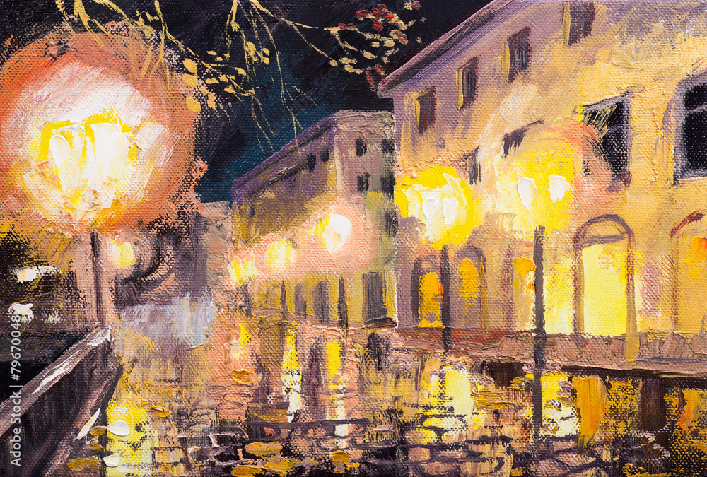 night in paris, street lamp, colorful oil painting