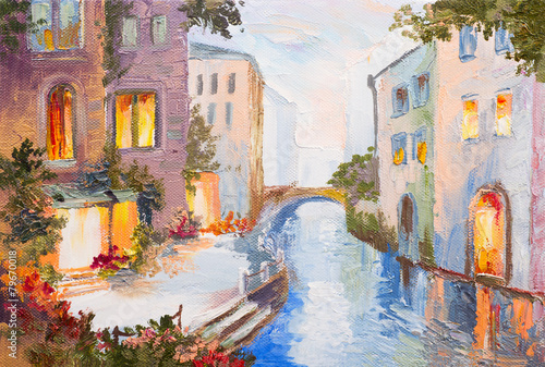 Oil painting - canal in Venice, Italy, modern impressionism, col