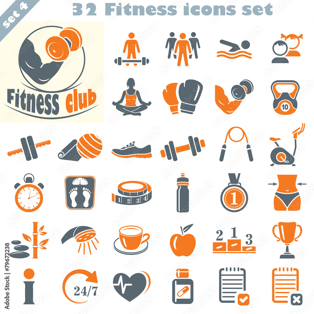 Fitness icons set, vector set of 32 fitness signs. - obrazy, fototapety, plakaty 